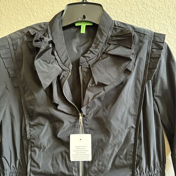 LOGO Instant Chic Black Ruffle Neck Jacket Size S Small Ruched Zip Up NWT - Picture 3 of 9